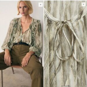 MANGO Elegant Striped Ruffle long sleeve sheer Blouse size Large oversized